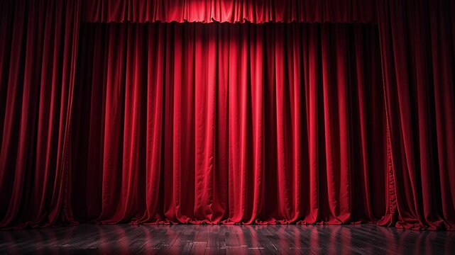 red velvet stage curtains onstage with spotlight, dramatic theatre backdrop