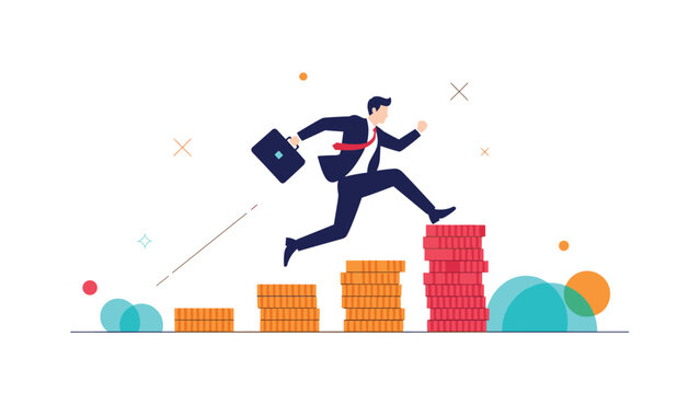 Ambitious businessman carrying a briefcase jumping up an ascending staircase of gold coins representing rapid financial growth and career success.