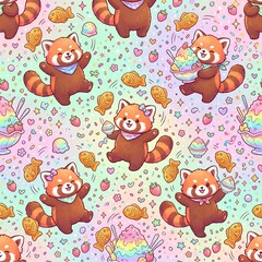 Obraz premium Red pandas juggling colorful desserts and snacks seamless pattern