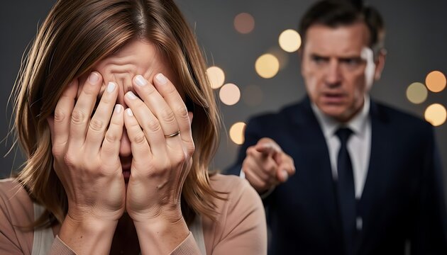 Emotional scene of a woman covering her face while being judged by others, highlighting themes of shame, social pressure, and emotional distress. Powerful concept for mental health and social issues.
