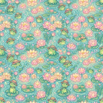 Cute Frogs Wearing Hats Swimming Among Pink Water Lilies