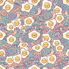 Fototapeta premium Kawaii fried eggs and snails seamless pattern background
