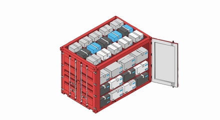 Fototapeta premium Isometric Red Shipping Container Filled with Cargo Boxes for Logistics and Supply Chain Concept