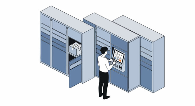 Isometric Illustration of a Man Using an Automated Parcel Locker for Package Pickup and E-commerce Delivery Services