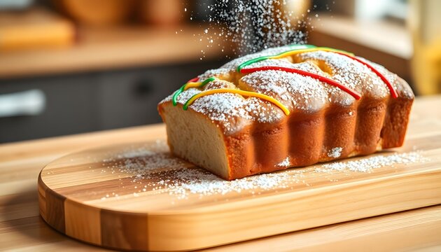 A loaf of sweet bread with colorful strips and powdered sugar on a wooden cutting board in a kitchen.