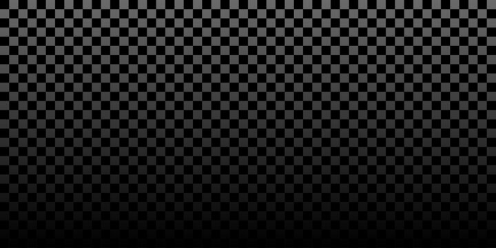 Transparent checker grid background with gradient fade effect - geometric checkerboard pattern for editing. Seamless square tiles with black and grey digital texture for PNG backdrop.