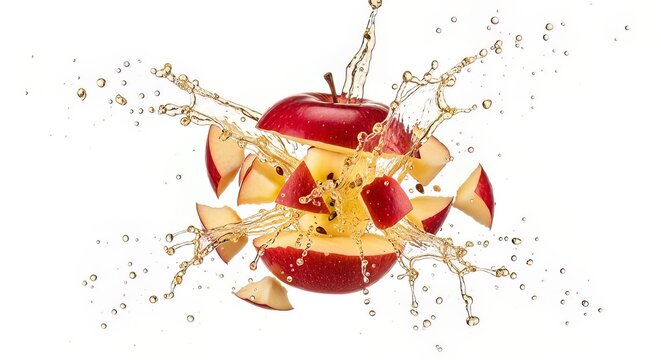 A juicy red apple explodes into pieces with liquid splashing everywhere in a dynamic and refreshing scene.