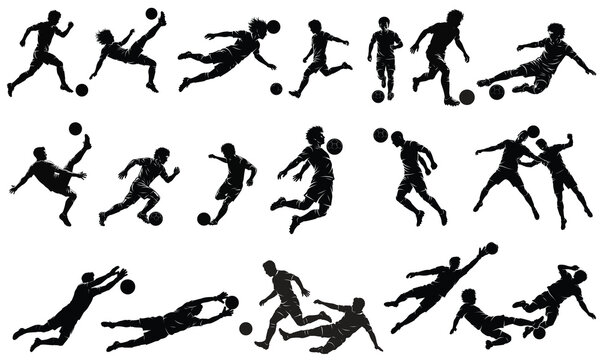 A set of men soccer football players silhouette on white background. Vector illustration	