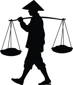 Silhouette of a farmer wearing a conical hat carrying baskets filled with produce on a yoke