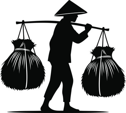 Silhouette of a farmer wearing a conical hat carrying hay bales on a shoulder pole