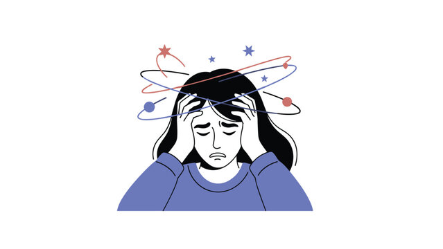 Woman holds her head in distress while stars and circles spin around her to represent dizziness or a mental health headache.