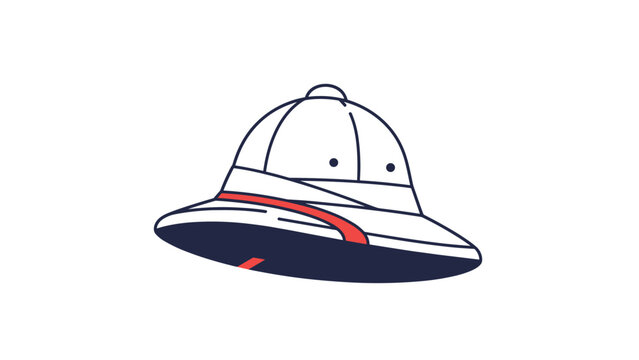 Traditional white pith helmet with a red band is illustrated in a clean style to represent travel, exploration, and safari.