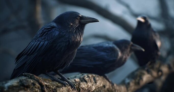 Three crows perched on a bare tree branch in a moody, atmospheric setting
