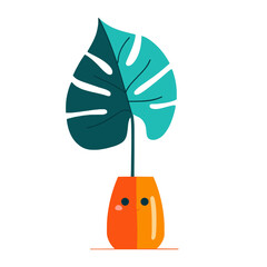 Monstera Leaf in Pot - Cartoon Plant Illustration, Cute Indoor Decoration, Botanical Art, Tropical Home Decor, Cheerful Character Design, Vibrant Colors, Playful Style © Dinali