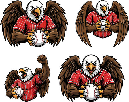 Angry eagle baseball player mascot holding ball for sports team logo