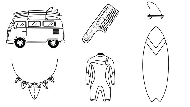 Vintage surf trip essentials: camper van, surfboard, wetsuit, and beach accessories line art collection