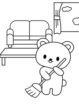 かわいいクマさんのお掃除ぬりえ（線画・ホウキ・部屋・生活習慣・お手伝い・イラスト）