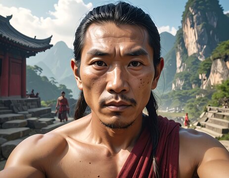 Intense Warrior Monk Portrait in Ancient Asian Temple Setting.