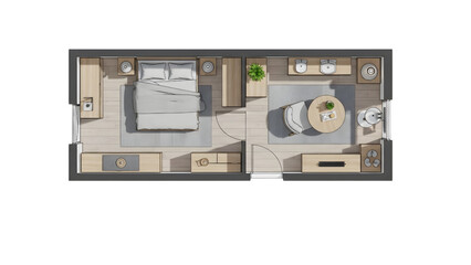 Fototapeta premium Minimalist Bedroom Layout CAD 2D Top Plan Furniture Placement Modern Design
