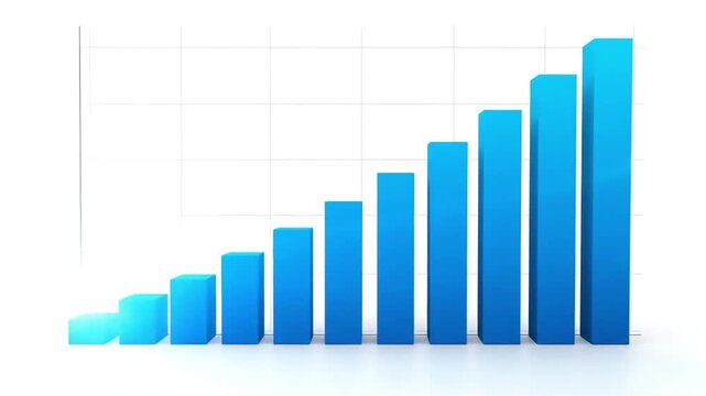 3D Blue Column Graph Visualizing Exponential Business Growth and Financial Success on Clean White Grid