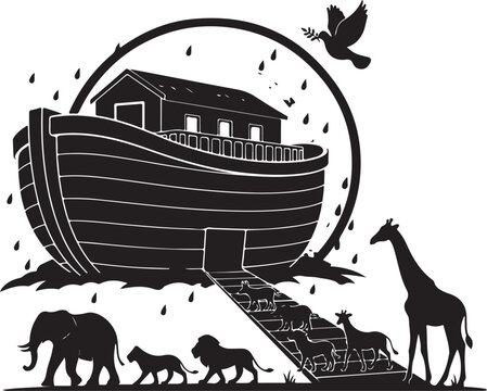 Biblical noah's ark silhouette with animals entering the vessel, Generative Ai