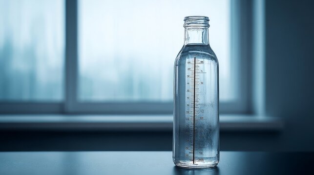 Clear glass bottle of sterile saline solution with volumetric markings