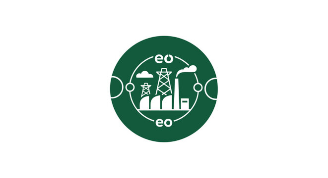 Green Circular Industrial Logo with Towers and Smoke Stacks.