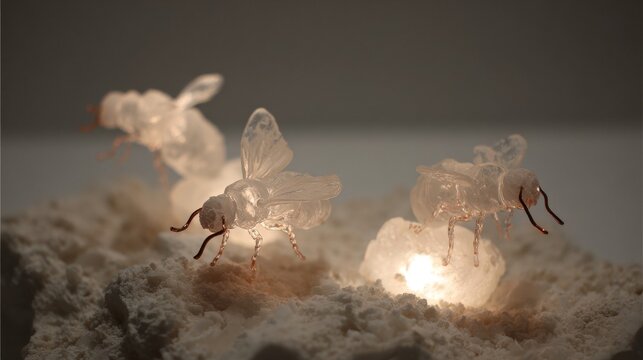 Delicate sculpted beeswax insect forms illuminated with organic flowing elements on a granular surface
