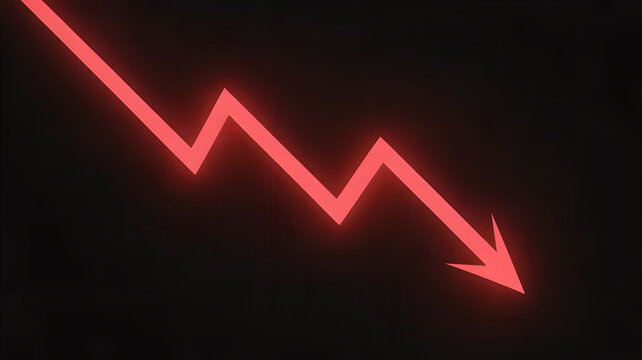Glowing Red Downward Arrow on Dark Background Representing Financial Loss and Market Crash