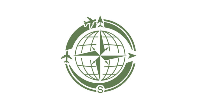 Green Compass Globe with Airplanes for Travel and Navigation.