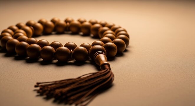 Close up of a Muslim prayer beads mala rosary with a tassel on a warm brown background symbolizing spirituality and devotion