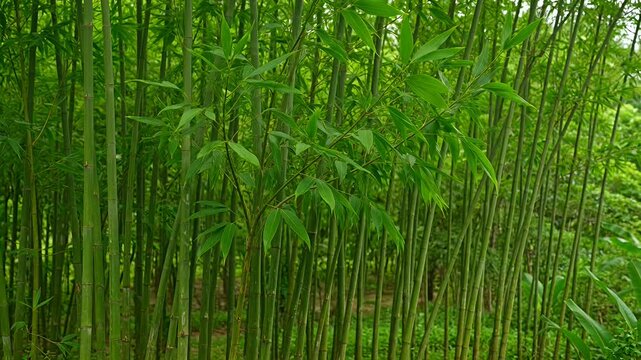 Lush green bamboo forest with dense stalks and vibrant foliage providing nature's beauty