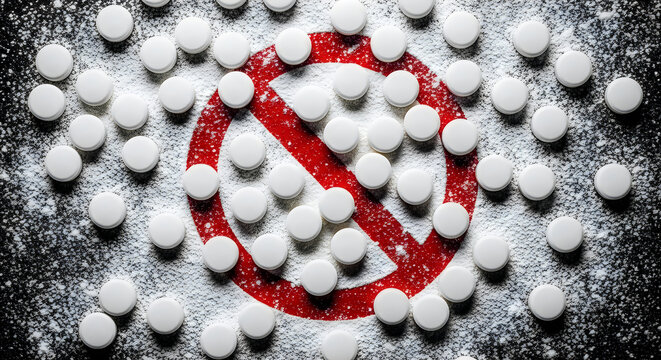 White Pills with Prohibition Symbol Anti Drug Abuse and Addiction Awareness Concept