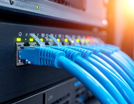 Close-up of blue Ethernet cables plugged into a server rack with status lights visible