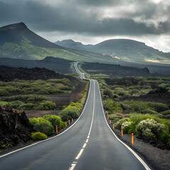 Obraz premium Open road leading through dramatic mountains under moody stormy sky