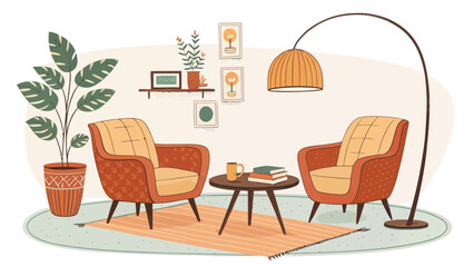 Fototapeta premium Retro 1950s lounge setup with armchairs coffee table and floor lamp in cozy living room interior