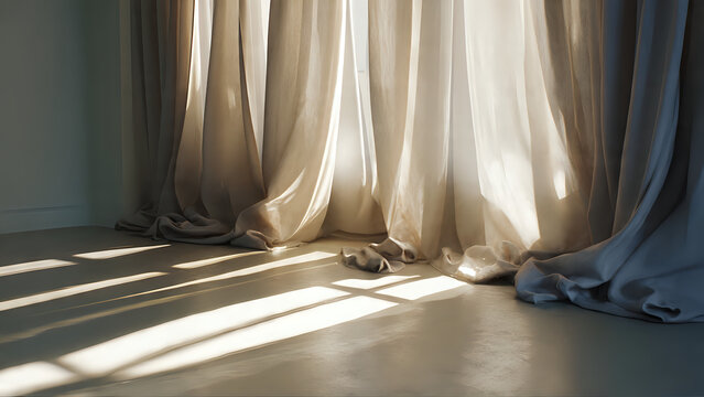 Sunlight streams through sheer curtains, casting dramatic shadows on a polished floor, creating a serene and minimalist ambiance