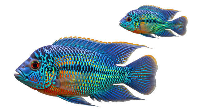 large and small iridescent electric blue cichlids with vibrant red and orange flecks floating against a transparent studio background in sharp macro detail, concept of aquatic beauty