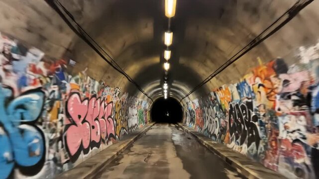 Perspective view of a long dimly lit concrete tunnel with an arched ceiling and walls covered in vibrant graffiti art, featuring wet pavement reflections and overhead lights.