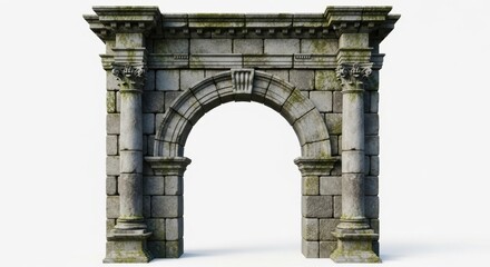 Obraz premium Ancient arch made of stone with pillars and archway standing isolated on white background.