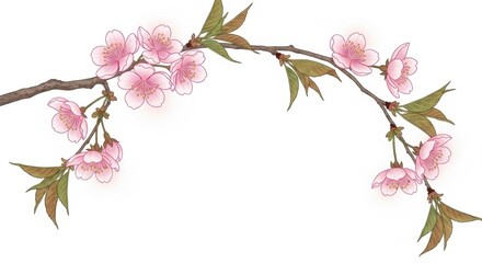 Naklejka premium Cherry blossom branch with pink flowers and green leaves on white background.
