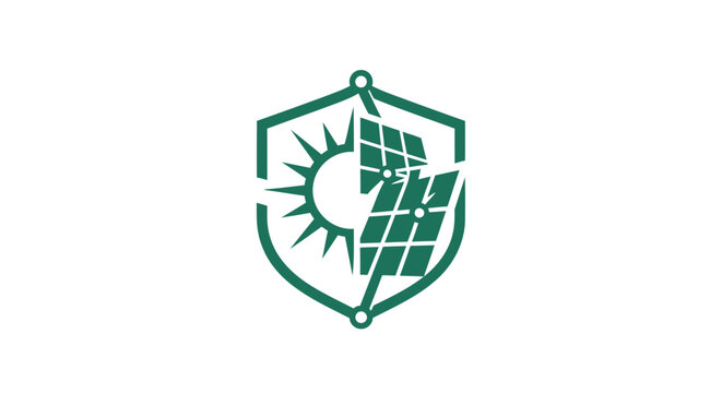 Green solar energy shield logo representing renewable power and sustainability.