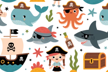 Poster Piraten Whimsical underwater scene featuring diverse sea creatures and pirate elements Vector  © NURJAHAN
