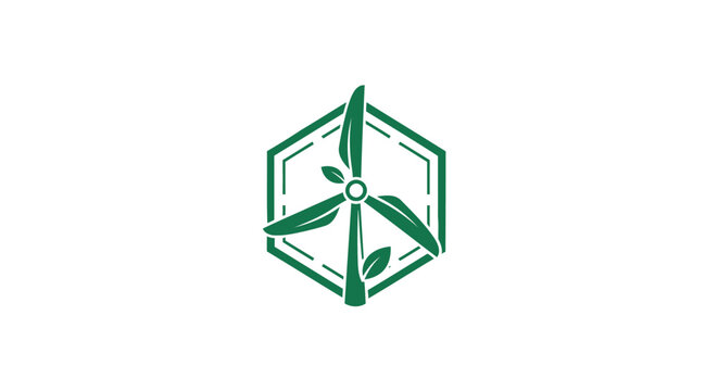 Green Wind Turbine Logo Inside a Hexagon Shape on White Background.