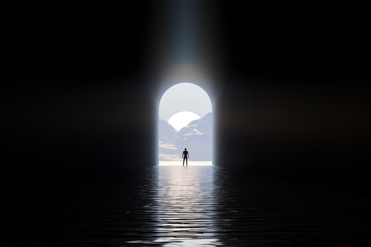 3D portal silhouette landscape with water reflection and glow