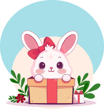 Cartoon illustration of a cute white bunny with a red bow sitting in a gift box. Decorative plants and a small gift on the background