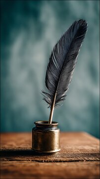 Old fashioned feather quill stands upright in a brass inkpot