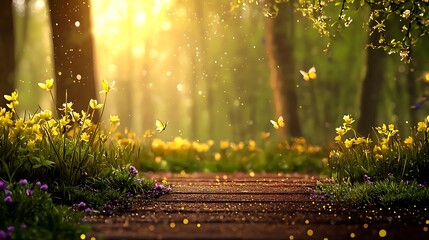 Serene Forest Pathway Bathed in Golden Light with Vibrant Flowers and Butterflies Surrounding a Tranquil Nature Scene