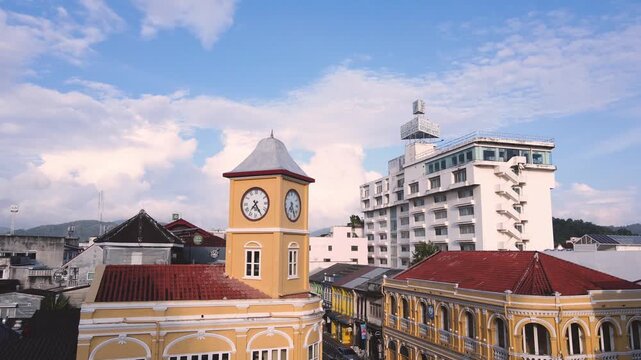Drone footage Aerial view of Phuket Old Town night market at sunset, in Phuket, Thailand  Sino-Portuguese Architecture The morning is sunny, the weather is nice, and it's a nice place to visit.