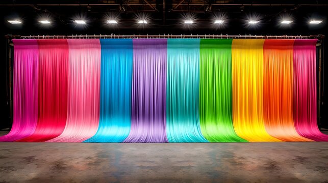 Colorful Fabric Backdrop Display for Events and Photography with Vibrant Drapes in Various Shades and Textures Illuminated by Stage Lighting
